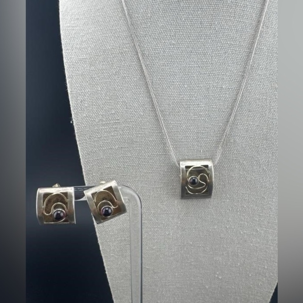 Gold and Silver Garnet Earrings and Necklace Modernist Jewelry Set